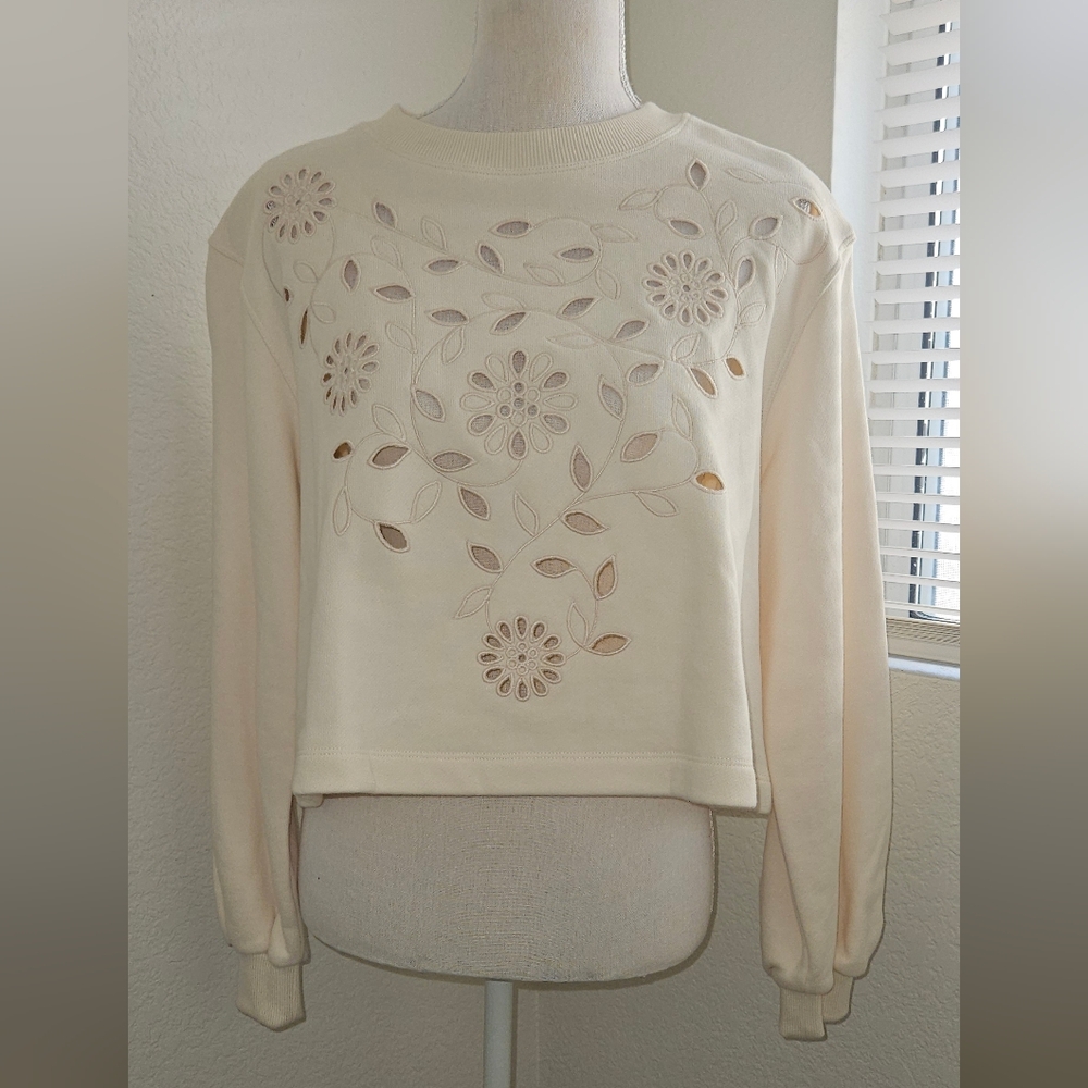 See By Chloe Ivory Floral Cutout Crop Sweatshirt